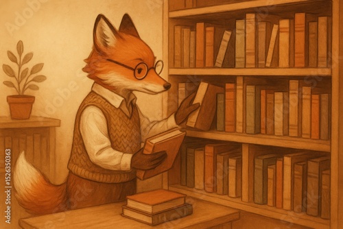 Fox in a cozy library reading and exploring books for learning and relaxation