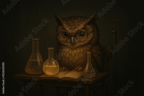 Wise owl in a laboratory setting with glassware and books for educational and scientific themes