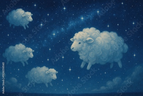 Dreamscape scene with cloud sheep floating in a starry night sky