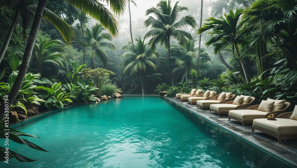 Fototapeta premium A luxurious tropical resort featuring a stunning pool surrounded by nature.
