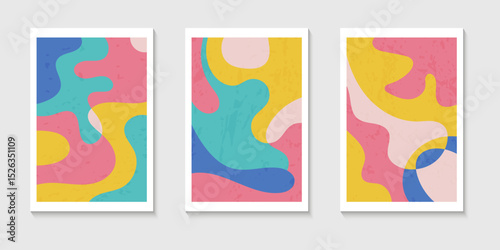 Set of abstract contemporary mid century posters with Abstract shapes. Design for wallpaper, background, wall decor, cover, print, card. Modern boho landscape minimalist art. Vector illustration.