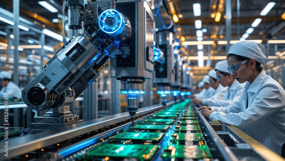 Fototapeta premium Inside a modern electronics factory, showcasing assembly line and advanced technology