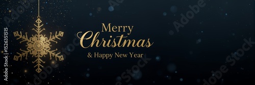Christmas themed backgrounds and templates with premium designs,Background with dark blue and black color gradation,Large snow object with golden color,Merry Christmas and Happy New Year Greeting