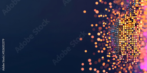 Abstract digital sphere made of colorful cubes with glowing bokeh particles on a dark background, symbolizing technology and innovation.