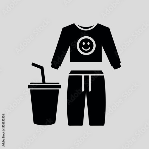 Black and white illustration of a smiley face pajama outfit and beverage cup