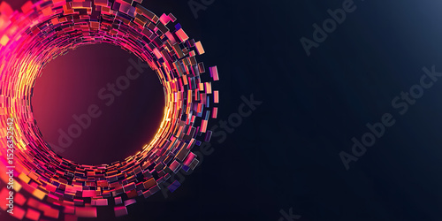 A vibrant circular digital vortex composed of glowing, colorful 3D rectangles on a dark background, evoking technology and futuristic design.