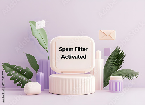 A minimalistic, pastel-themed 3D scene with plants and envelopes surrounding a box displaying the message 