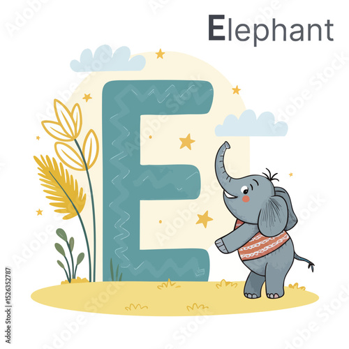 Cute elephant standing beside a large letter E in a playful atmosphere with stars and clouds