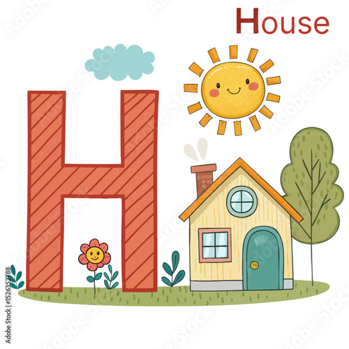 Cute cartoon house illustration with sun and flowers for children's educational materials