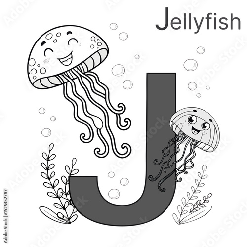 Cute cartoon jellyfish illustration with letter J for children's education and coloring activities