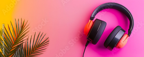 A pair of black and orange headphones placed on a vibrant pink and yellow background with palm leaves on the left side.