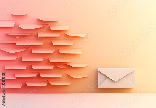 A conceptual image of numerous paper planes flying toward a single paper envelope on a warm gradient background.