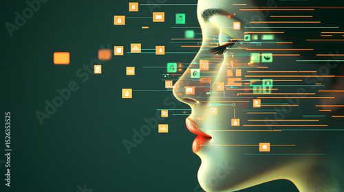 A digital human face with data streams and icons flowing across, representing artificial intelligence and digital transformation.