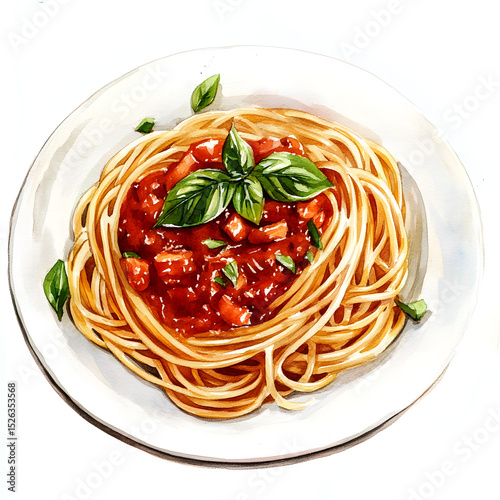 A classic watercolor painting features a plate of spaghetti with rich Bolognese sauce, elegantly topped with fresh basil leaves.