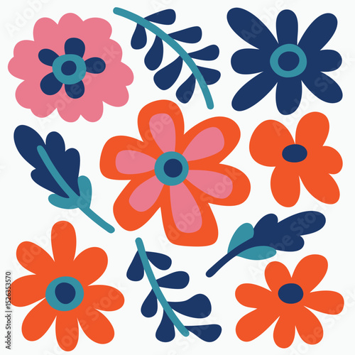 Colorful floral arrangement with leaves and flowers in a bright and cheerful flat design