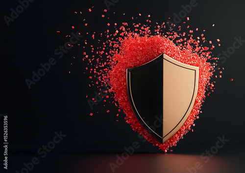 A golden shield surrounded by scattered red cubes symbolizes security and protection against threats in a dark background.