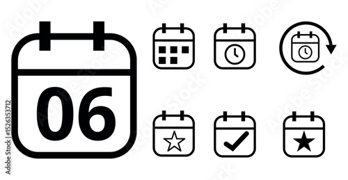 Simple hollow calendar icons isolated on transparent background for websites and graphic resources. Flat calendar icon with specific day marked, day 06.