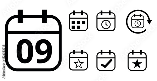 Simple hollow calendar icons isolated on transparent background for websites and graphic resources. Flat calendar icon with specific day marked, day 09.