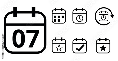 Simple hollow calendar icons isolated on transparent background for websites and graphic resources. Flat calendar icon with specific day marked, day 07.