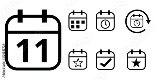 Simple hollow calendar icons isolated on transparent background for websites and graphic resources. Flat calendar icon with specific day marked, day 11.