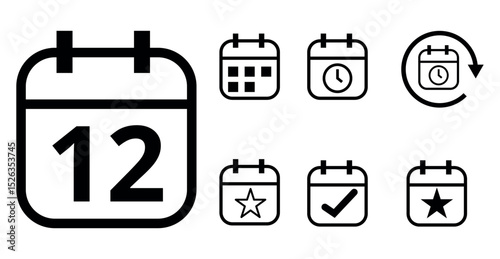 Simple hollow calendar icons isolated on transparent background for websites and graphic resources. Flat calendar icon with specific day marked, day 12.