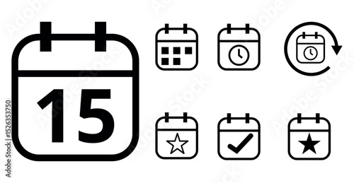 Simple hollow calendar icons isolated on transparent background for websites and graphic resources. Flat calendar icon with specific day marked, day 15.