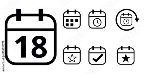 Simple hollow calendar icons isolated on transparent background for websites and graphic resources. Flat calendar icon with specific day marked, day 18.
