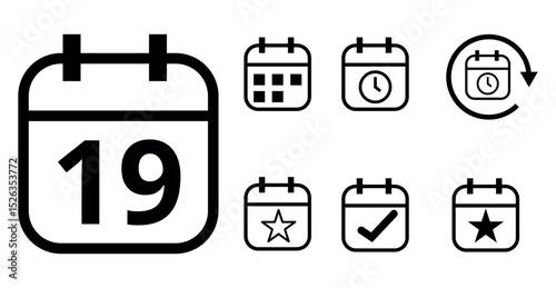 Simple hollow calendar icons isolated on transparent background for websites and graphic resources. Flat calendar icon with specific day marked, day 19.