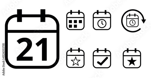 Simple hollow calendar icons isolated on transparent background for websites and graphic resources. Flat calendar icon with specific day marked, day 21.