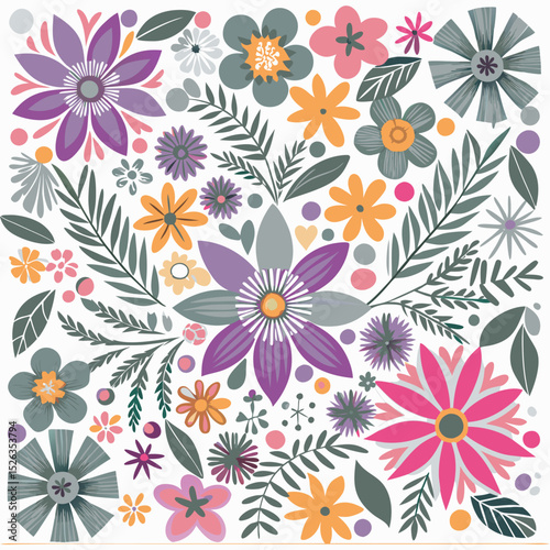 Colorful floral pattern seamless arrangement of blooms and greenery for decorative designs