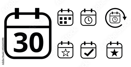 Simple hollow calendar icons isolated on transparent background for websites and graphic resources. Flat calendar icon with specific day marked, day 30.