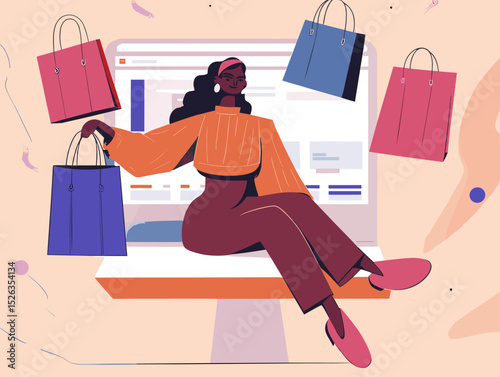 Online Shopping Spree: Illustration of a woman in casual attire floating with shopping bags around a monitor screen showcasing graphs, highlighting the ease and abundance of online retail.