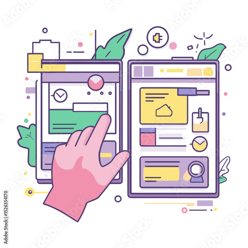 Digital Interface: A vibrant, modern illustration capturing a digital interface interface, with a finger interacting with the screens, all presented in a flat, eye-catching style.