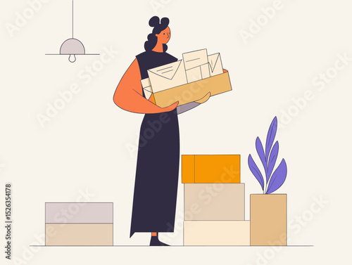 Mail Handling: A woman carries a box full of mail, in a room filled with parcels, symbolising communication and delivery.