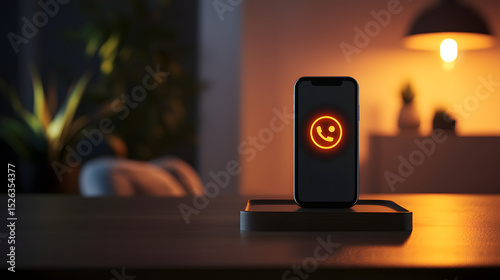A smartphone with a glowing phone call icon is placed on a wooden table in a warmly lit, cozy room during evening time.