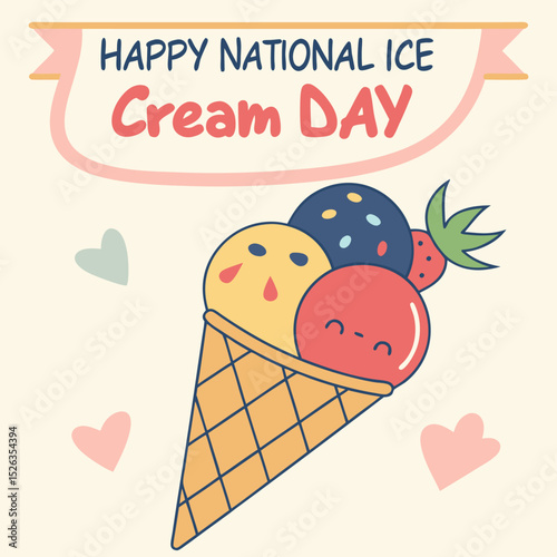 Colorful ice cream cone with happy face and celebration of national ice cream day