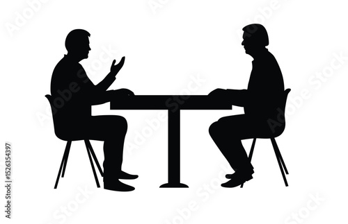 Silhouettes of Two People Discussing Business at the Table. White collar men at work current affairs discussion