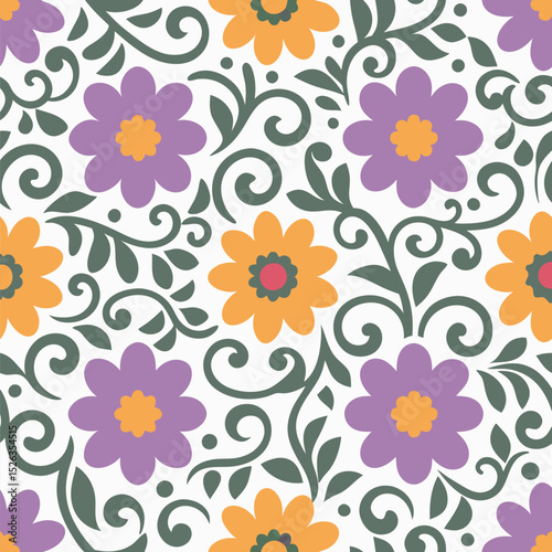 Colorful retro floral pattern seamlessly repeating a delightful and decorative botanical design