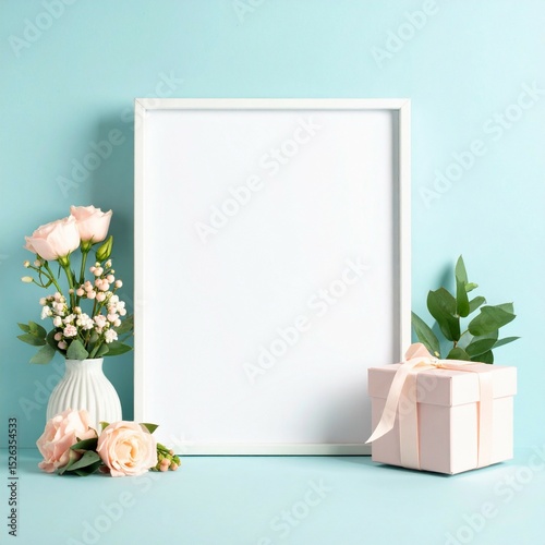 Simple birthday mockup photo frame on the pastel blue