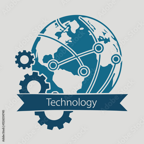 Conceptual illustration of global technology and engineering connections with gear cogs and earth globe