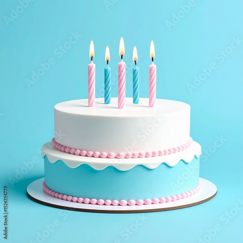 Simple birthday cake icon logo with bright on the pastel blue blue background