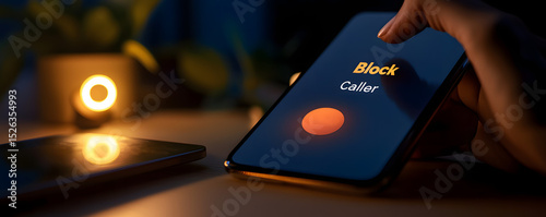 A hand holding a smartphone displaying an incoming call screen with the option to block the caller, illuminated by warm ambient lighting.