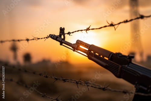 Borderland Reality: Rifle and Barbed Wire at Sunset