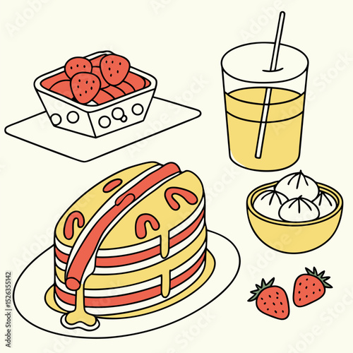 Delicious dessert spread featuring pancakes, strawberries, cream and refreshing juice in a graphic illustration