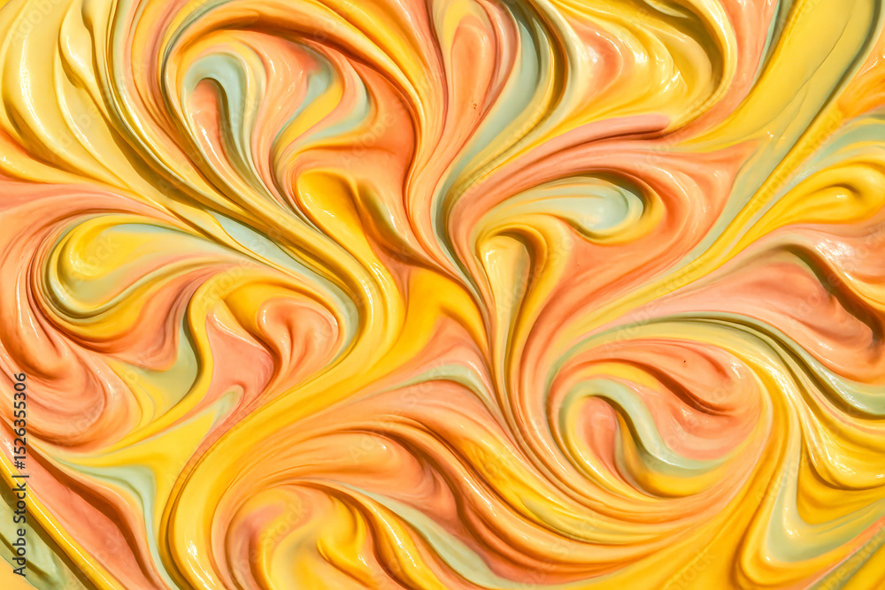 Fototapeta premium Swirling Pastel Paints in Shades of Yellow, Peach, and Mint Green – A Vivid Abstract Composition Showcasing Creamy Texture and Colorful Movement, Perfect for Backgrounds, Art Projects, Design Concepts