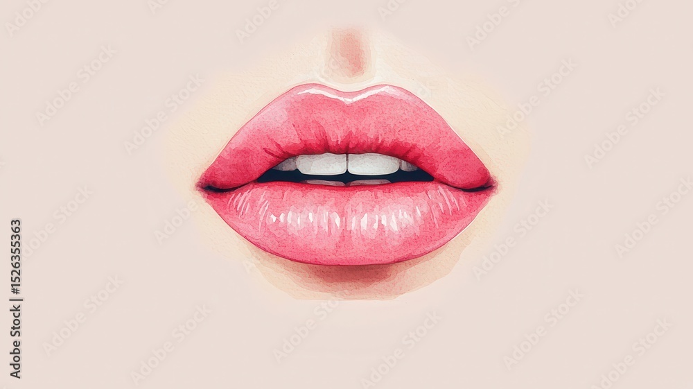 Fototapeta premium International makeup day with lipstick and cosmetics idea. Stylized illustration of lips in soft pink.