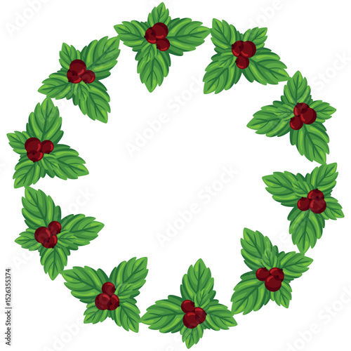 Circle frame for decoration, postcards, invitations, made of green mint leaves and ripe lingonberries on a white background, vector drawing.