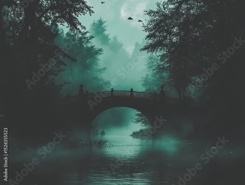 Misty, dark forest bridge over water