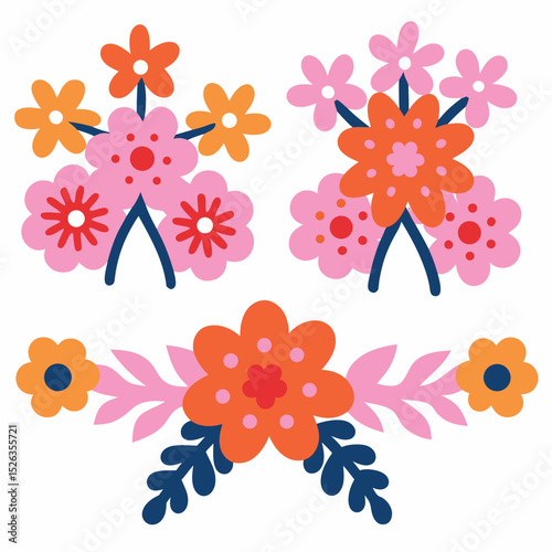 Colorful stylized floral bouquets and arrangements with vibrant orange and pink colors on white background