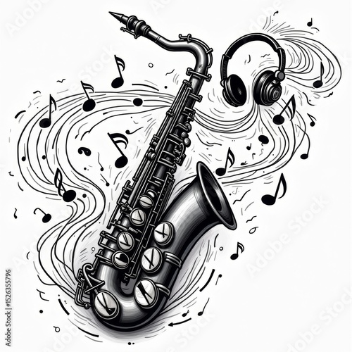 Saxophone and headphones with musical notes flowing on white background